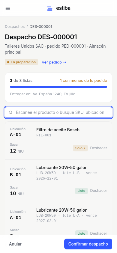 Picking en el celular: ubicación, producto, lote y botón Listo